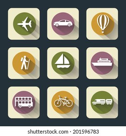 Vector design flat travel icons for web and mobile, white on colored basis with long shadow