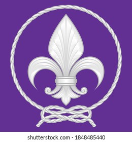 Vector design of a fleur de lis surrounded by an intertwined rope, representing the lily flower, a symbol used in medieval heraldry. All on purple background.