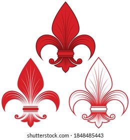 Vector design of fleur de lis in three graphic styles in red, representation of the lily flower, a symbol used in medieval heraldry. All on white background.