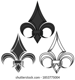 Vector design of fleur de lis in metallic style in three different styles, representation of the lily flower, symbol used in medieval heraldry. All on white background.