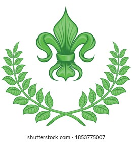 Diseño vectorial de fleur de lis con correa de laurel, símbolo utilizado en la heráldica medieval. Todo sobre fondo blanco.