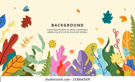 Vector design of floral banner, autumn theme, gold and red leaves, autumn flowers and berries. Floral, plants backgrounds with copy space for text - greeting card, poster. Leaves, forest mood cover. 