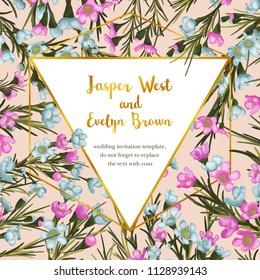 Vector design floral flower card. Natural botanical triangle golden geometric Frame: Pink and blue wax flowers with green leaves  vector decorative composition. Wedding invite, quote copy space
