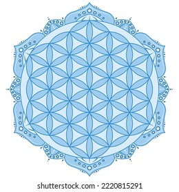 Vector design of Flower of Life inside a lotus flower shaped like a Hindu mandala
