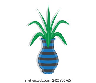 vector design of a flower pot or vase with dark blue stripes or symbols and a green grass-like plant on top