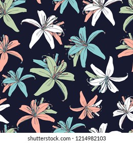 Vector design with flower tiger lily. Bright, rich design. Seamless background suitable for textiles, sketches and office design wallpaper, wrapping paper, etc.