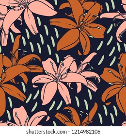 Vector design with flower tiger lily. Bright, rich design. Seamless background suitable for textiles, sketches and office design wallpaper, wrapping paper, etc.