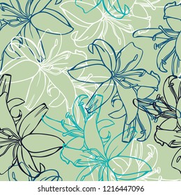 Vector design with flower tiger lily. Bright, rich design. Seamless background suitable for textiles, sketches and office design wallpaper, wrapping paper, etc.