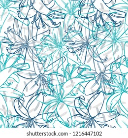 Vector design with flower tiger lily. Bright, rich design. Seamless background suitable for textiles, sketches and office design wallpaper, wrapping paper, etc.