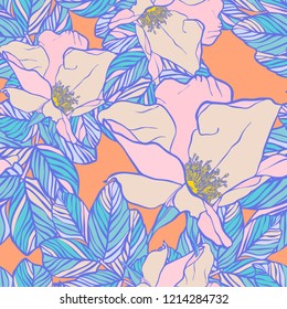 Vector design with flower wild Rose. Bright, rich design. Seamless background suitable for textiles, sketches and office design wallpaper, wrapping paper, etc.