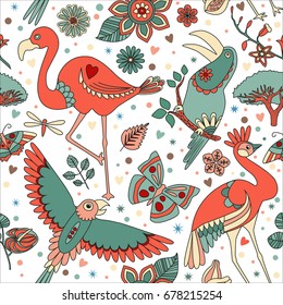 Vector design with flowers and birds: a flamingo, parrot, toucan. Background with butterflies,trees and flowers in childish style.