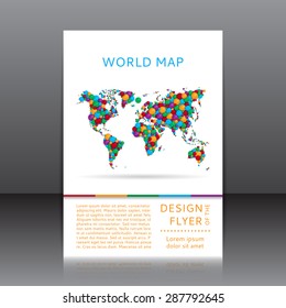 Vector design of the flyer with colorful world map. Unusual vector world map. Poster's template for your business.