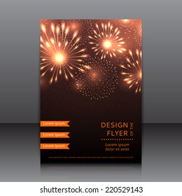 Vector Design Of The Flyer With Fireworks. Poster Template For Your Business. Beautiful Vector Background Of Festive Night Fireworks.