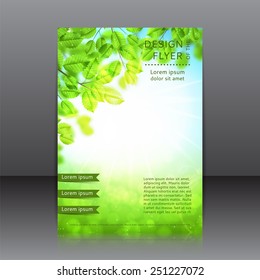 Vector Design Of The Flyer With Leaves And Sun. Vector Spring Day Background With Sunshine.Poster Template For Your Business.