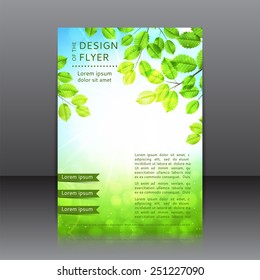 Vector design of the flyer with leaves and sun. Vector spring day background with sunshine.Poster template for your business.