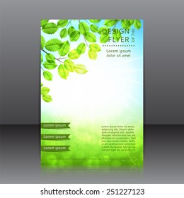 Vector Design Of The Flyer With Leaves And Sun. Vector Spring Day Background With Sunshine.Poster Template For Your Business.