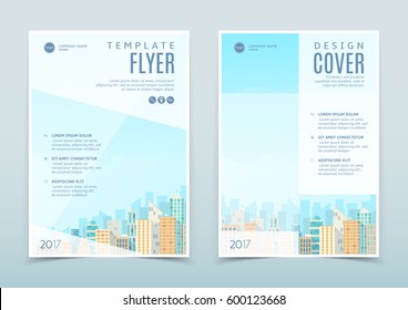 Vector design of flyer template. Concept of business brochure with modern flat design of urban landscape with city buildings. Vector illustration.