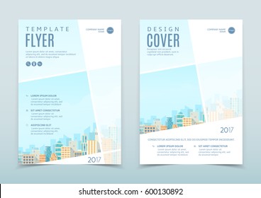 Vector design of flyer template. Vector illustration. Concept of business brochure with modern flat design of urban landscape with city buildings.