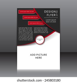 Vector design of the flyer whit black and red elements and place for pictures. Poster template for your business.