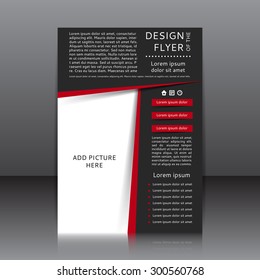 Vector design of the flyer whit black and red elements and place for pictures. Poster template for your business.