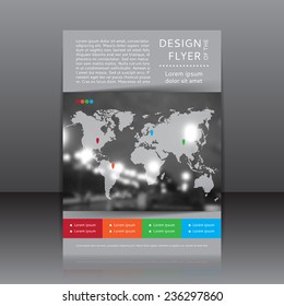 Vector design of the flyer whit blurred photo, colors elements and map. Poster template for your business.