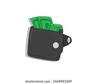 vector design of a folded black wallet with the buttons slightly open and there are several green bills sticking out of the top