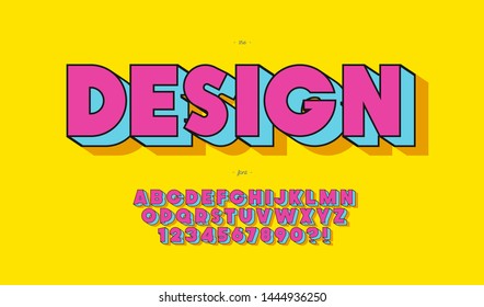 Diseño vectorial tipo pop art estilo para banner, infografía, película gráfica, póster de fiesta, libro infantil, pantalones t, volante, decoración, impresión en tela, industrial. Buen tipo de letra. Alfabeto de moda. 10 pasos