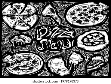 Vector design food with graphic illustrations of pizza on the black background. Vintage elements, words, letters