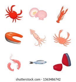 Vector design of food and sea symbol. Set of food and healthy stock symbol for web.