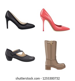 Vector design of footwear and woman icon. Collection of footwear and foot stock symbol for web.