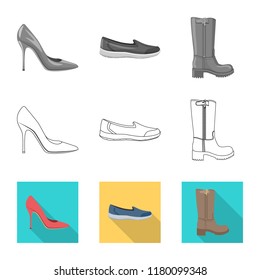 Vector design of footwear and woman logo. Collection of footwear and foot stock symbol for web.