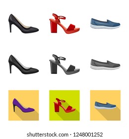 Vector design of footwear and woman logo. Collection of footwear and foot stock symbol for web.