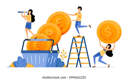 Vector Design of foreign currency coins in basket. buying investment increases in financial markets and mutual funds. illustration Can be for websites, posters, banners, mobile apps, web, social media