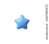 Vector design in the form of a five-pointed blue star, made in luminous 3D rendering on a white background, is ideal a success button for game interfaces.