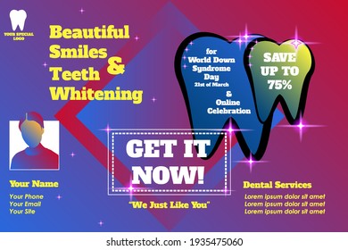 Vector Design, in the form of a sales banner, for dentist service, to celebrate World Down Syndrome Day, equipped with a futuristic box as the background. Can be used for dentist service advertisement