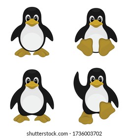 Vector design of four cute penguins, cute cartoon, on a white background