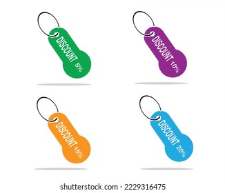 vector design of four green, blue, purple and orange labels that say DISCOUNT ranging from 5% 10% 15% to 20% which is usually found in mall shops or supermarkets