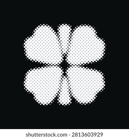 Vector design of a four-leaf clover made from white dots on a black background.