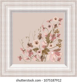 Vector design frame of eco veneer texture with a picture of a floral pattern in pastel colors Postcard, with space for text
