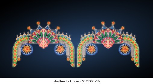 Vector design of a frame made with LED lights, lighting of the fairground, lights of the Jerez fair, typical Andalusian tradition the horse fair