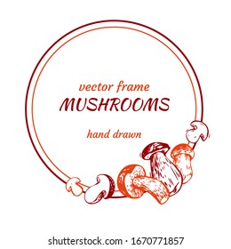 Vector design of a frame with mushrooms. Border shape is round. Hand-drawn sketches. The style of engraving.  