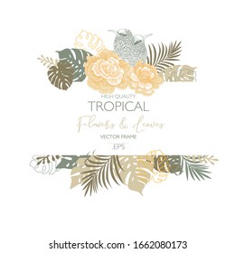 Vector Design Vector frame template with tropical green leaves and flowers on white background. Card with place for text. Spring or summer  Trendy design