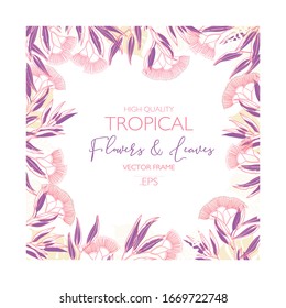 Vector Design Vector frame template with tropical green leaves and flowers on white background. Card with place for text. Spring or summer  Trendy design