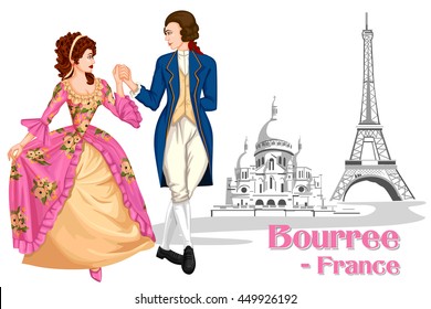 Vector design of French Couple performing Bourree dance of France