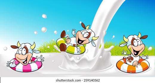 vector design with funny cow swimming in milk splash