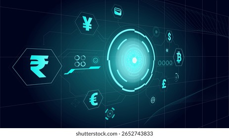 Vector design. Futuristic digital currency interface with glowing symbols on dark grid. Concept of blockchain, global finance, fintech platforms, cryptocurrency exchange, and virtual payment solutions