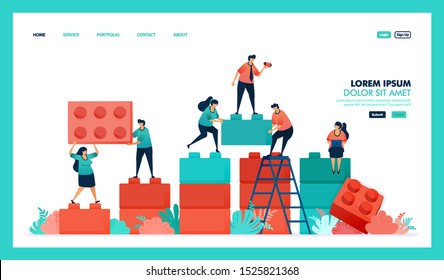 Vector design of game puzzel, business chart. people collaborate to solving problem, complete puzzle game to build and developing business intelligence or BI. strategy in achieving growth success