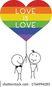 Vector design of gay men couple in love holding heart shaped balloon. Love is love. LGBTQ acceptance concept