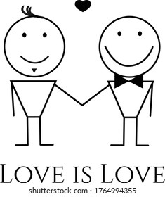 Vector design of gay men couple in love holding hands. Love is love. LGBTQ acceptance concept