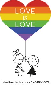 Vector design of gay women couple in love holding heart shaped balloon. Love is love. LGBTQ acceptance concept